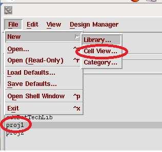 From within the proj1 library window, create a new inverter. Make sure proj1 is selected and then File New Cell view.