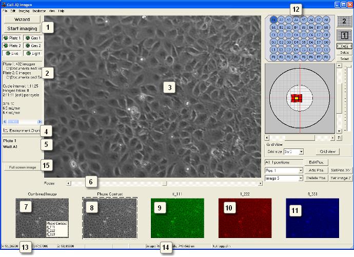PROGRAM WORKSPACE 1. Wizard and start imaging -buttons: Define the imaging cycles and channel settings with the wizard and start imaging.