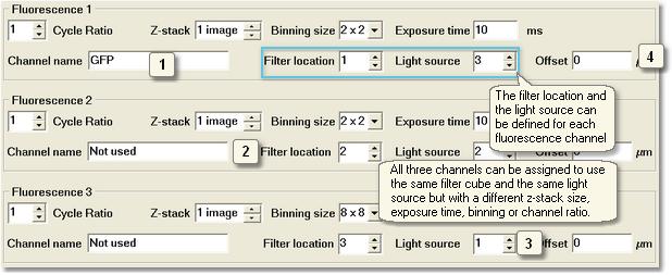 ADVANCED FL SETTINGS To apply advanced fluorescence settings, go to Set channel parameters in the Imaging menu. You can set all the imaging parameters separately for each channel: 1.