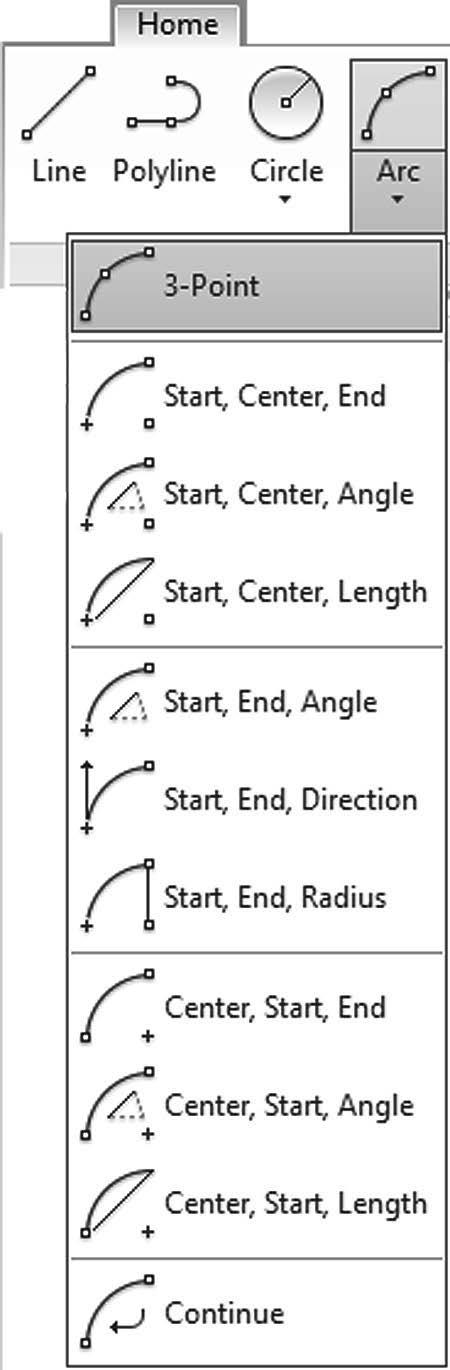 72 Tutorial 2 BASIC CONSTRUCTION TECHNIQUES Using Arc The Arc command is on the ribbon Home tab, Draw panel, or you can type ARC at the command prompt. There are eleven different ways to create arcs.