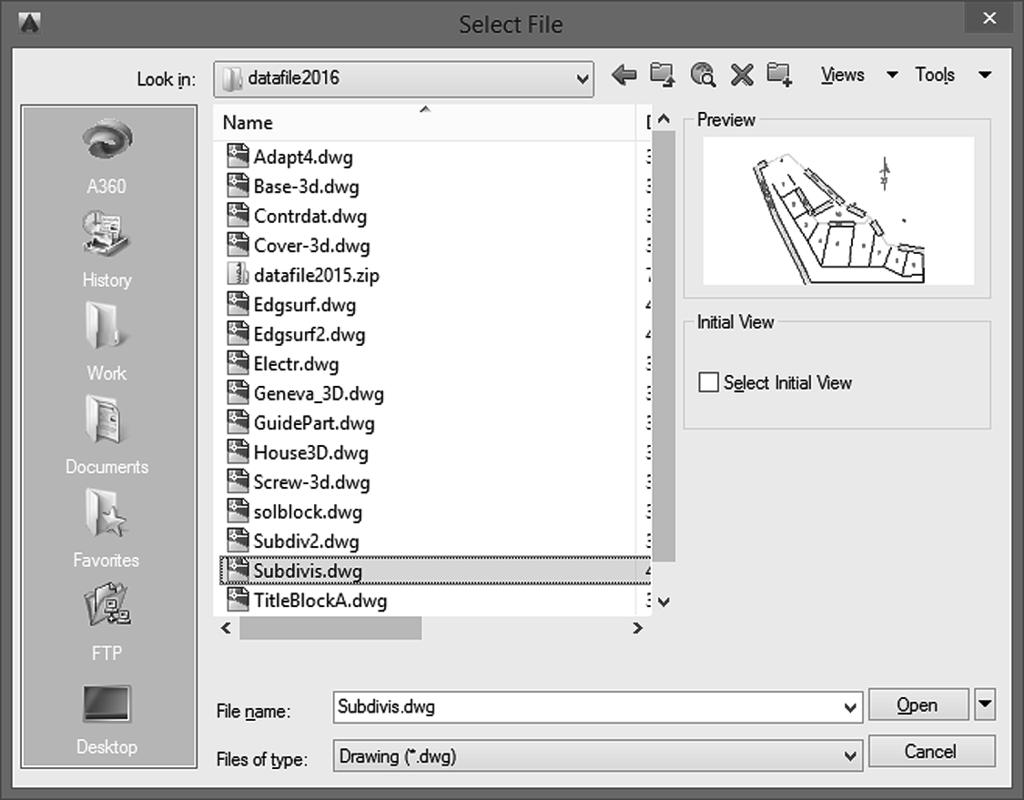 58 Tutorial 2 BASIC CONSTRUCTION TECHNIQUES Tip: Use the buttons at the left of the dialog box to show the History (recently used files), My Documents folder contents, or Favorites you have added.
