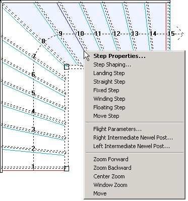 From the STEP PROPERTISIES menu choose STRAIGHT STEP and StairDesigner will redesign the stairs with step 10 as straight. Repeat on step number 6 and you should get the following plan.