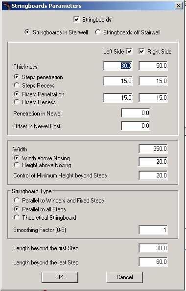 Setting up string board parameters To set up your string boards open the PARAMETERS > STRING BOARD PARAMETERS dialog box and fill in the values below: In the top section, you tell StairDesigner if