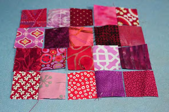 Assembly Instructions Arrange the twenty 1-1/2 red and pink print squares into four rows of five squares each.