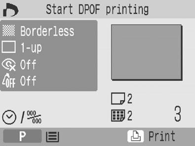 2 Press and select [DPOF Print] with or. 3 Press and check the settings. Date and FileNo.