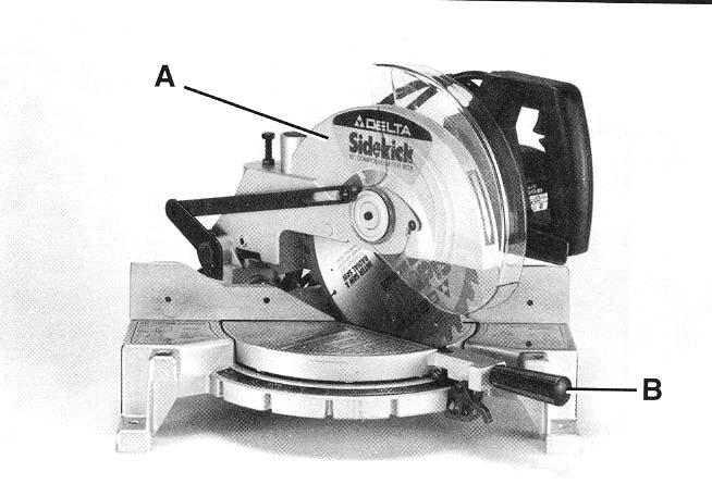 Note that the machine is shipped with the cuttinghead (A) locked in the down position and the table control arm