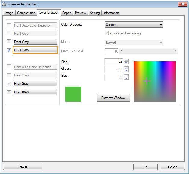 To select a color on the Color palette, 1. Click the Color Dropout tab from the Scanner Properties dialog box. 2.