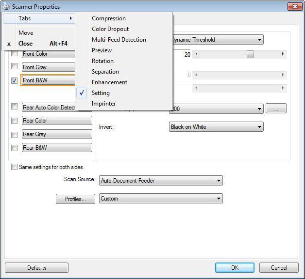 2.3 Showing or Hiding Tabs Show Warning Message:Yes Save Settings after closing: Yes The Scanner Properties dialog box is displayed by default with four basic tabs - Image, Paper, Setting and