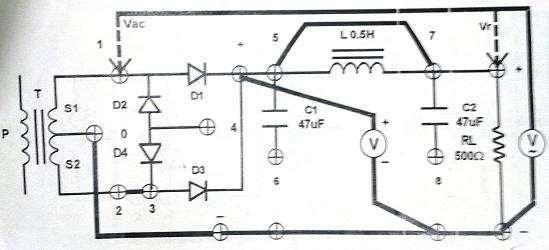 Fig.2. Connection diagram for full wave rectifier. 5. PROCEDURE: For half wave rectifier circuit: 1.