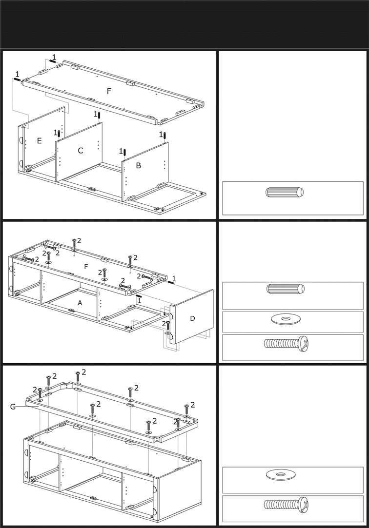 Step 1. Insert the Wood Dowels(1) into predrilled holes in Bottom Panel(F) and Middle Panels(B,C) as pictured. Step 2. Attach the Bottom Panel(F) to the Right Side Panel(E) and Middle Panels(B,C).