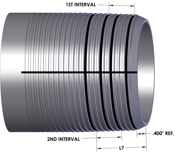 (12,7 mm) intervals for products having a distance between the first and last perfect threads of 1 in. (25,4 mm) to 1 /2 in.