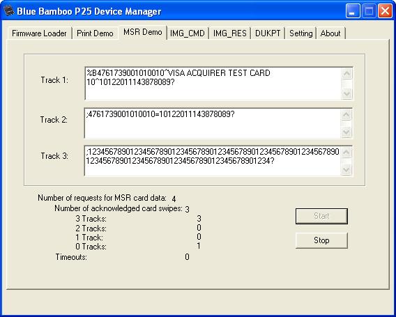 5 MSR Demo a. Click MSR Demo to activate the MSR Demo page. Figure 26 b. Click Start and swipe the card in P25-M/P25i-M MSR reader.