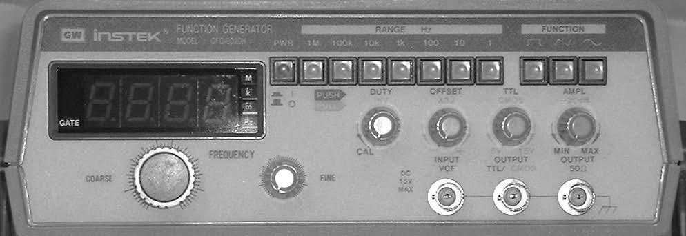 3. Instructions for the Function Generator: The power button may be pressed for ON and pressed again for OFF Select the frequencies range, and press the proper button.