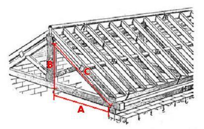 10. In the roof design below, the lower support beam, A, is 21 feet. The vertical support beam, B, is 16 feet. The two beams meet at a right angle.