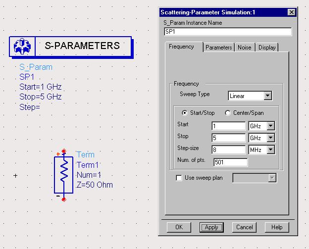 b. S-parameter (S_param) simulator The S_param simulator is used to find the circuit parameters such as s-, z- and y- parameters.