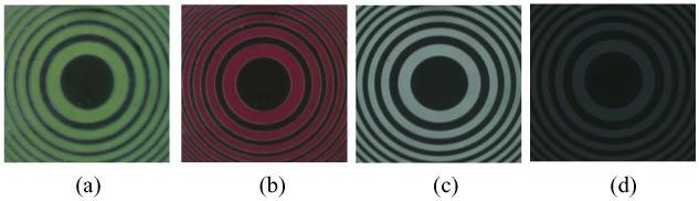 Fig. 4. Polarizing microscope photographs of the Fresnel lens cell at (a) V=0, (b) 1.0 V rms, (c) 2.0 V rms, and (d) 7.0 V rms. The LC cell is sandwiched between crossed polarizers.