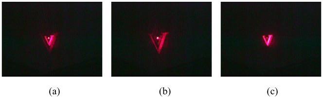 projected images of the V pattern on the screen of the Fresnel LC lens under applied voltages of 0, 1.1, and 10 V, respectively.