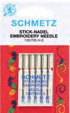 EMBROIDERY NEEDLE System 130/705 H-E With light ball point and especially wide eye and groove in relation to the UNIVERSAL NEEDLE to accommodate voluminous threads and woollen threads. For embroidery.