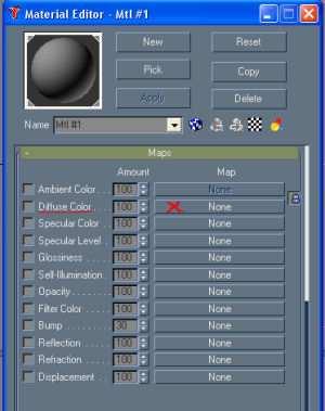 button "none" click on that This brings up the Material Navigator Click on the big black box to the left of "bitmap" That brings