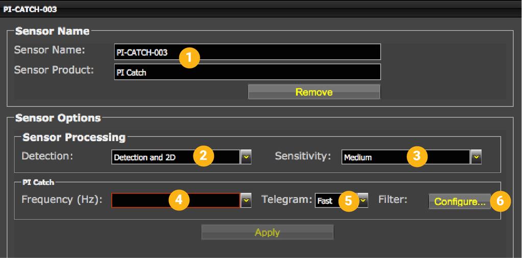 Catch Sensors V1 System Configuration and Display 6 Click Configure to change filters applied on incoming data.