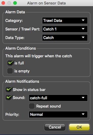 Catch Sensors V1 System Configuration and Display d) In Alarm Data and Alarm Conditions, enter the following settings: Note: If you have several Catch sensors,