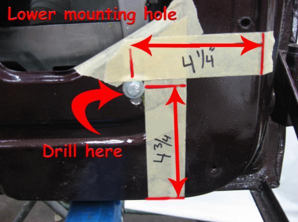 8. Drill the lower mounting hole by finding the bottom edge of the door measure up by 4 ¾ then horizontally 4 ¼ from the seam of the door NOT the edge. 9.
