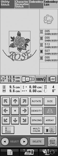 Selecting combined embroidery patterns When patterns are combined in the Embroidery Edit screen, patterns can be selected by clicking them.