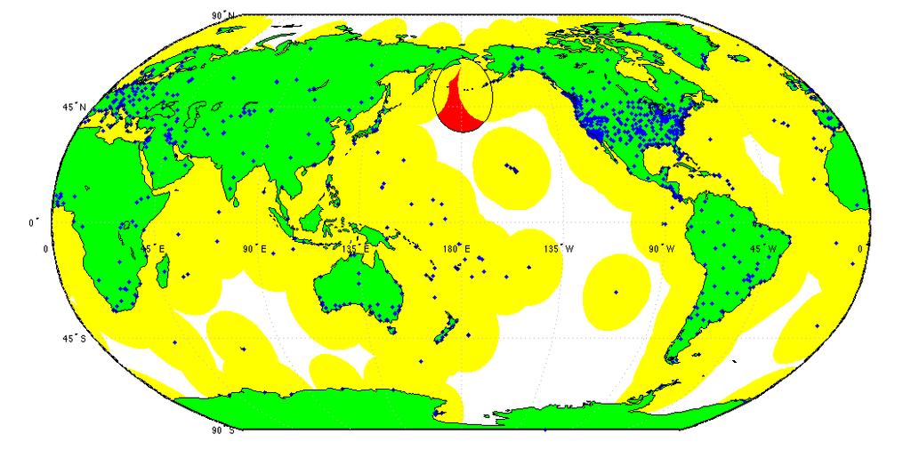 GNSS Over the Horizon Tsunami Tracking with Existing Network Yellow zones indicate region of ionospheric piercing