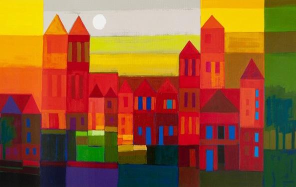 He mainly paints landscapes of buildings using bright blocks of color
