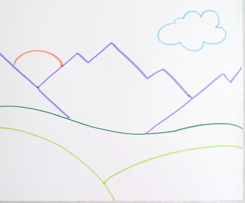 With a dark purple marker, draw two or three mountain peak shapes