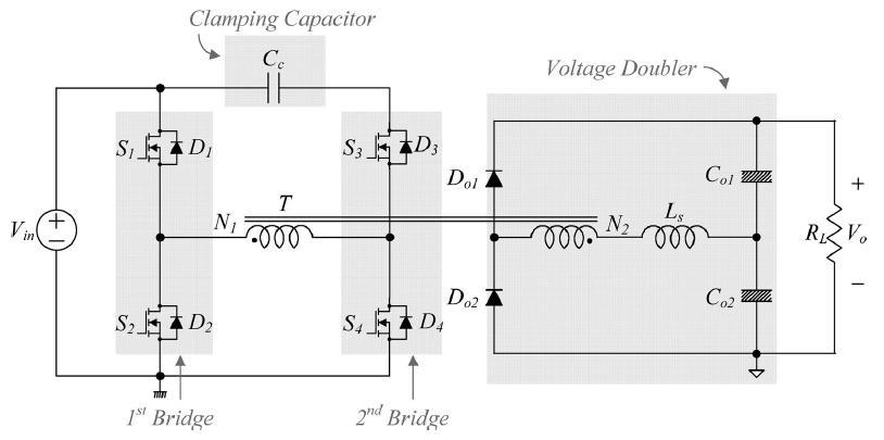The two switches in the cascade boost converter can be integrated into one switch to reduce circuit complexity. The integrated cascade boost converter is shown in Figure.7.