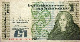 The one pound ( 1) note featured a picture of Queen Medhb the legendary Queen of Connaught in Irish mythology. In the background is a pre-christian geometric design.