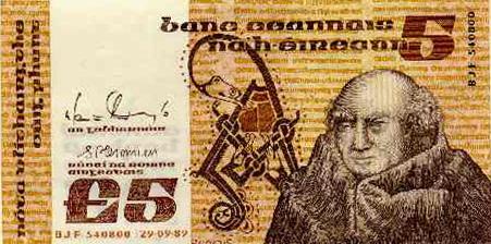 The five pound ( 5) note had a picture of Johannes Scotus Eriugena an Irish philosopher, theologian and poet from the 9th century.