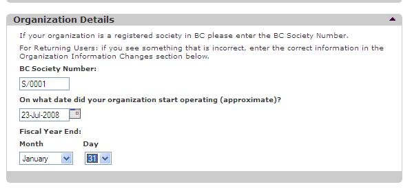 If you are organisation is registered with BC Corporate Registry please fill in the society number.