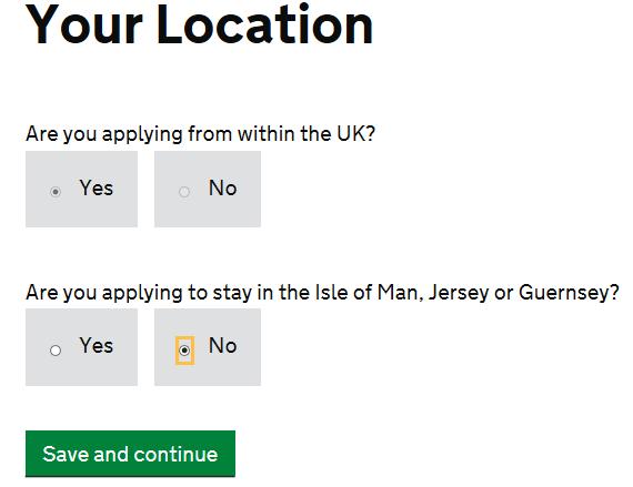 22 Answer No to Are you applying to stay in the Isle of Man, Jersey or Guernsey.
