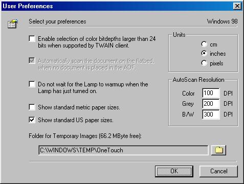 30 ONETOUCH SCANNER INSTALLATION GUIDE To set the Scan Manager Pro preferences: 1. Click the Preferences button. The User Preferences dialog box appears. 2.