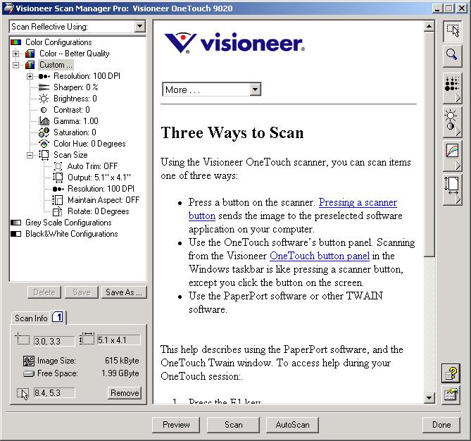 SCANNING 35MM SLIDES AND NEGATIVES 31 To see the Scan Manager Pro help information: 1. Click the Help button. The Help dialog box appears. 2. Scroll to see the help information. 3. Click the drop-down menu to see additional topics.