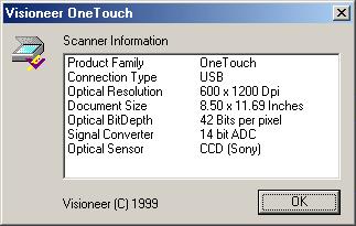 4 ONETOUCH SCANNER INSTALLATION GUIDE 2. Choose About from the shortcut menu. A dialog box confirms that the scanner is properly connected. 3. Click OK to close the dialog box.