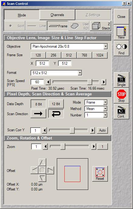 Acquisition Setup Mode This dialog controls static image settings such as: Objective displays currently selected objective as programmed into microscope. Frame Size image size in pixels.