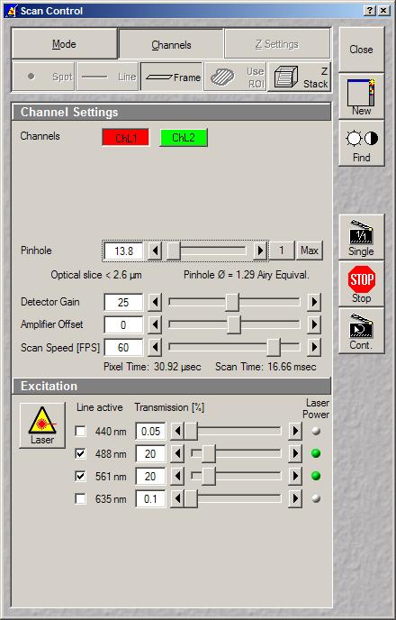 Acquisition Setup Channels The Channels dialog controls the dynamic settings for image acquisition of each channel independently.