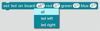 By combining these lights, you can make a wide range of different colors: To get playing with the on-board LEDs, I need to drag and drop this block: The first drop-down menu gives me a choice of