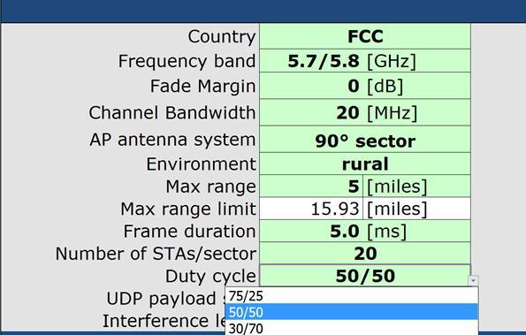 Duty cycle: Percentage of frame time dedicated to downlink (AP to STA) transmission. The options are 75/25, 50/50 and 30/70. UDP payload size: Number of bytes in the UPD payload.