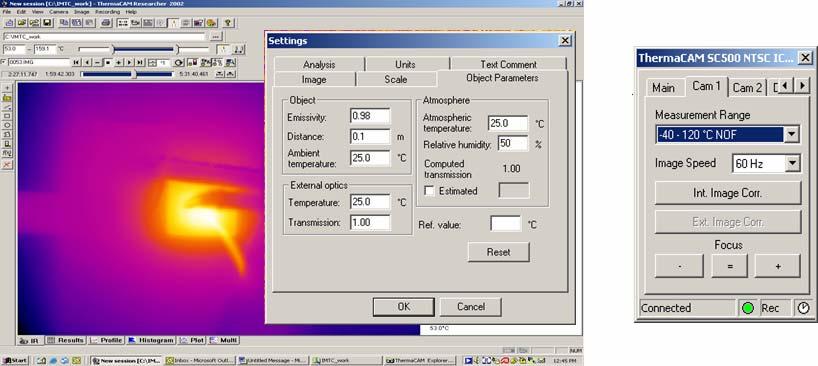 Figure 2. ThermaCAM Researcher user interface displaying the thermal image of an operating device and Settings toolbar. 4.