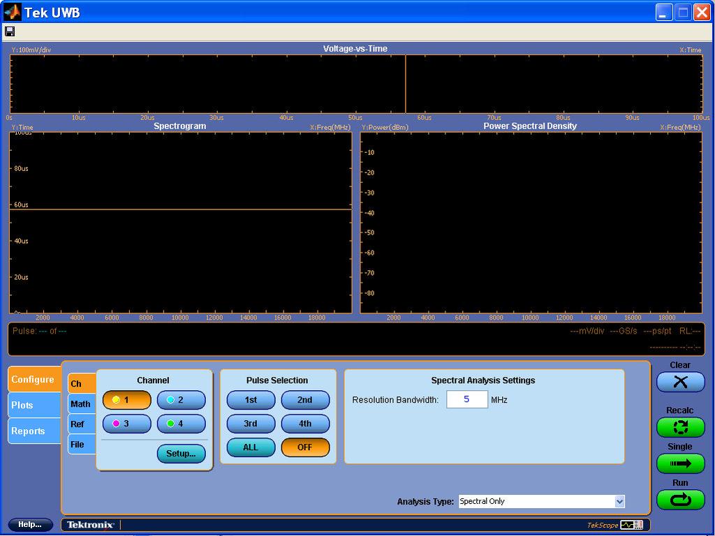 Getting Started Returning to the TekScope Application The oscilloscope displays the Tek UWB Ultra Wideband Spectral Analysis software with the analysis type set to Spectral Only.
