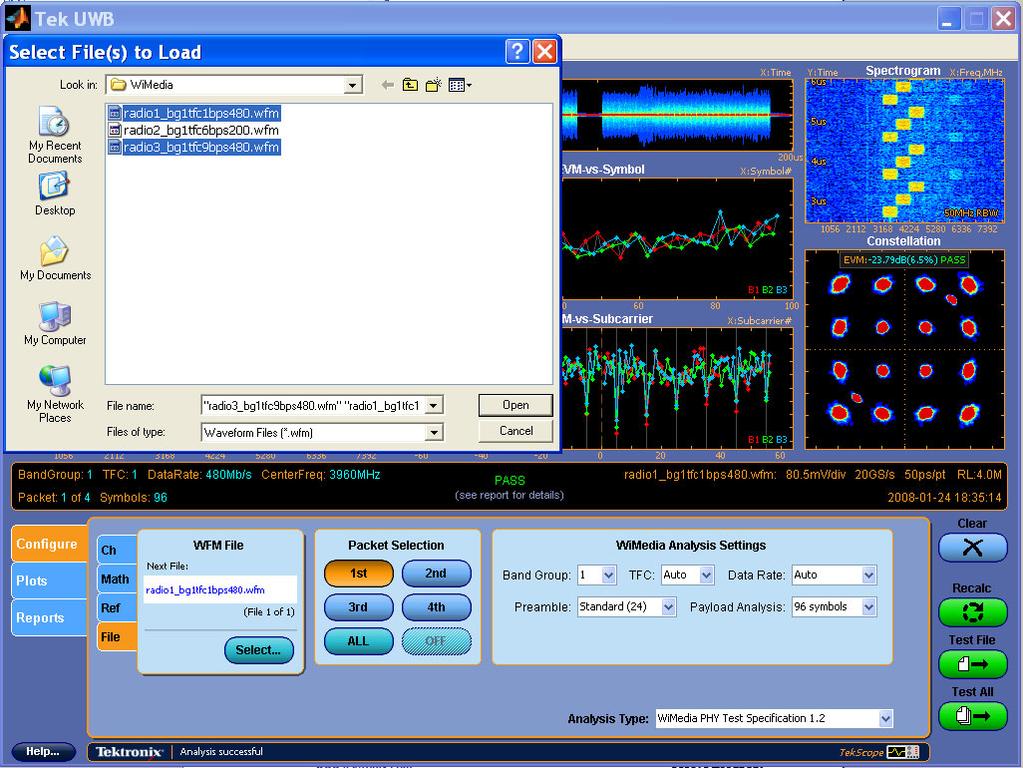 Analyzing Waveform Files in Batch Mode Analyzing Waveform Files in Batch Mode WiMedia radios operate at multiple data rates, time frequency codes, band groups, and power levels.