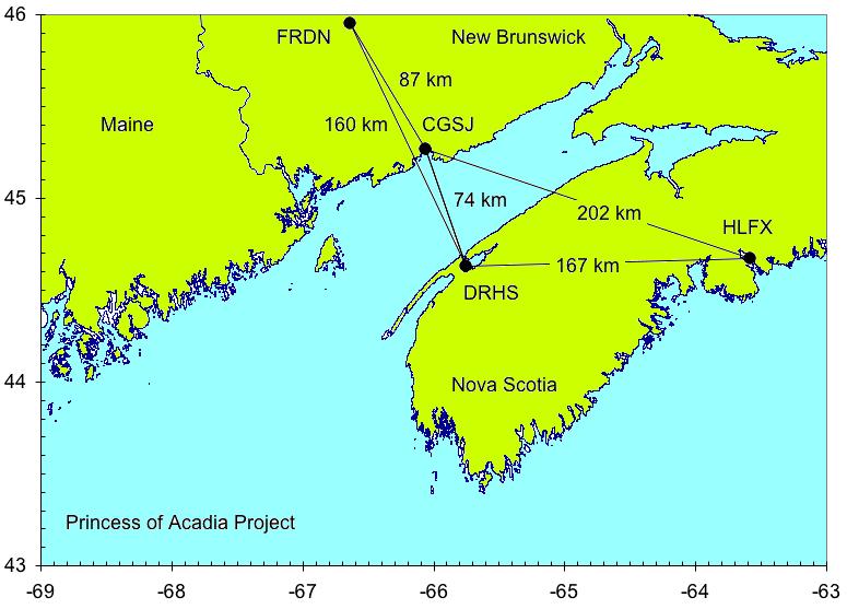 approximately 74 km ferry route. A geodetic receiver (NovAtel s DL-4 receiver and GPS-600 antenna) has been installed on the ferry the Princess of Acadia.