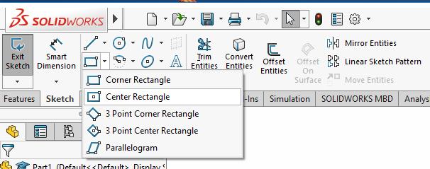 3. Let s create the Sketch for the base in the shape of a rectangle. In the Sketch tab, click on the arrow next to the rectangle, and select Center Rectangle. 4.
