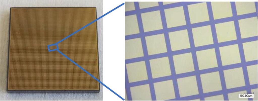 Figure 1. Pixelated CZT detector die after lithography (left); array of pixels on die (inset on the right). 2 Detector die preparation 2.