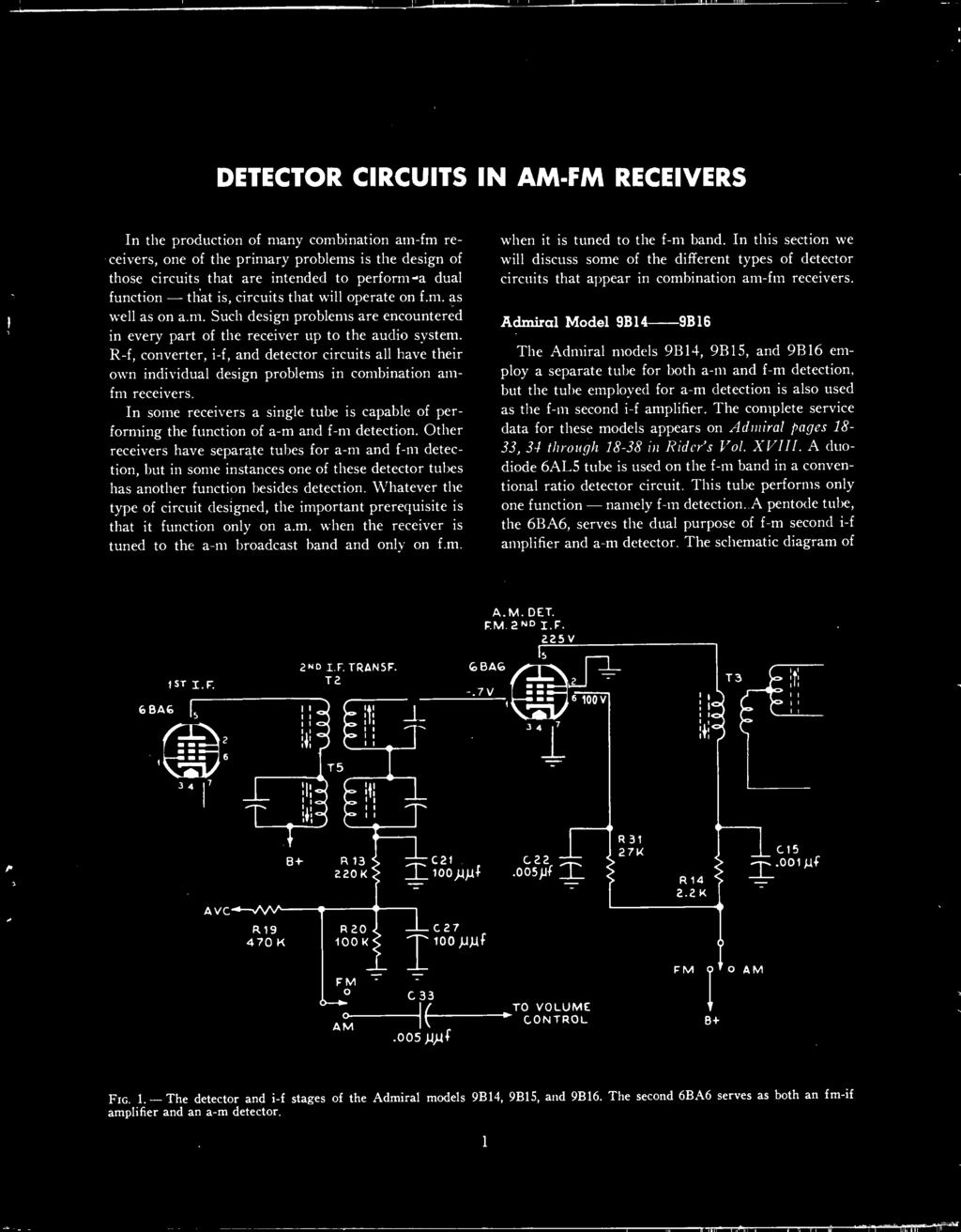 DETECTOR CIRCUITS IN AM -FM RECEIVERS In the production of many combination am -fm receivers, one of the primary problems is the design of those circuits that are intended to perform a dual function