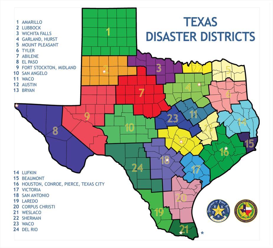Figure 1 A map showing each of the disaster districts that DPS communications offices support. DPS Communications DPS personnel staff 24-hour communication centers to support disaster districts.